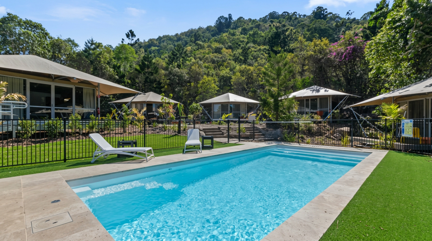 The magnesium pool at Magnetic Glamping, surrounded by tropical gardens