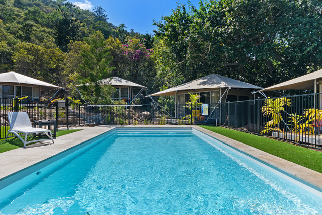 Poolside at Magnetic Glamping — sun loungers, tropical garden and pure quiet